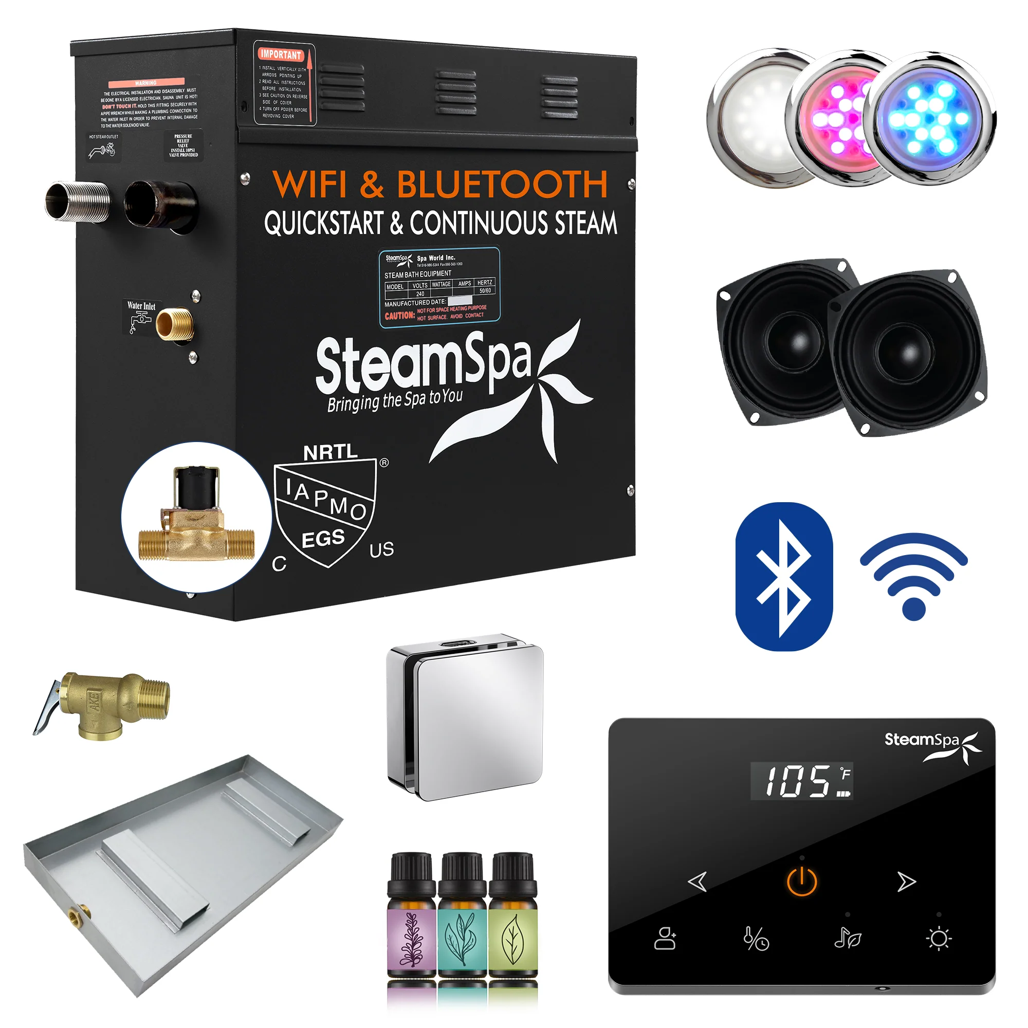 Black Series Steam Bath Generator with Wireless Controls, BLUETOOTH, WIFI, Auto Drain or Aroma Pump, and Multiple Finish Options - Image 26