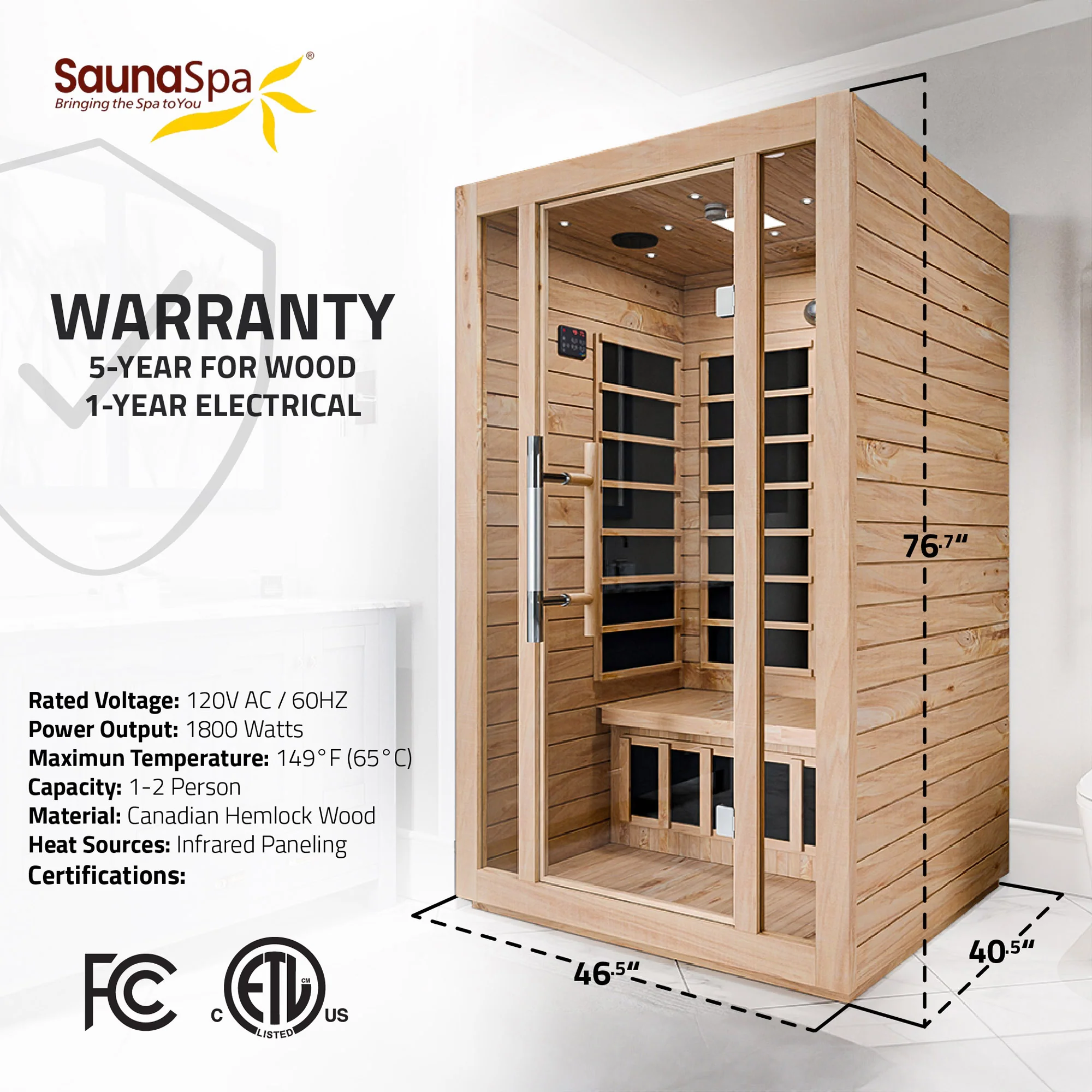 Maldives 2-Person Indoor Hemlock Wooden Low EMF Carbon FAR Infrared Home Sauna Room with LED Touch Control Panel - Image 12