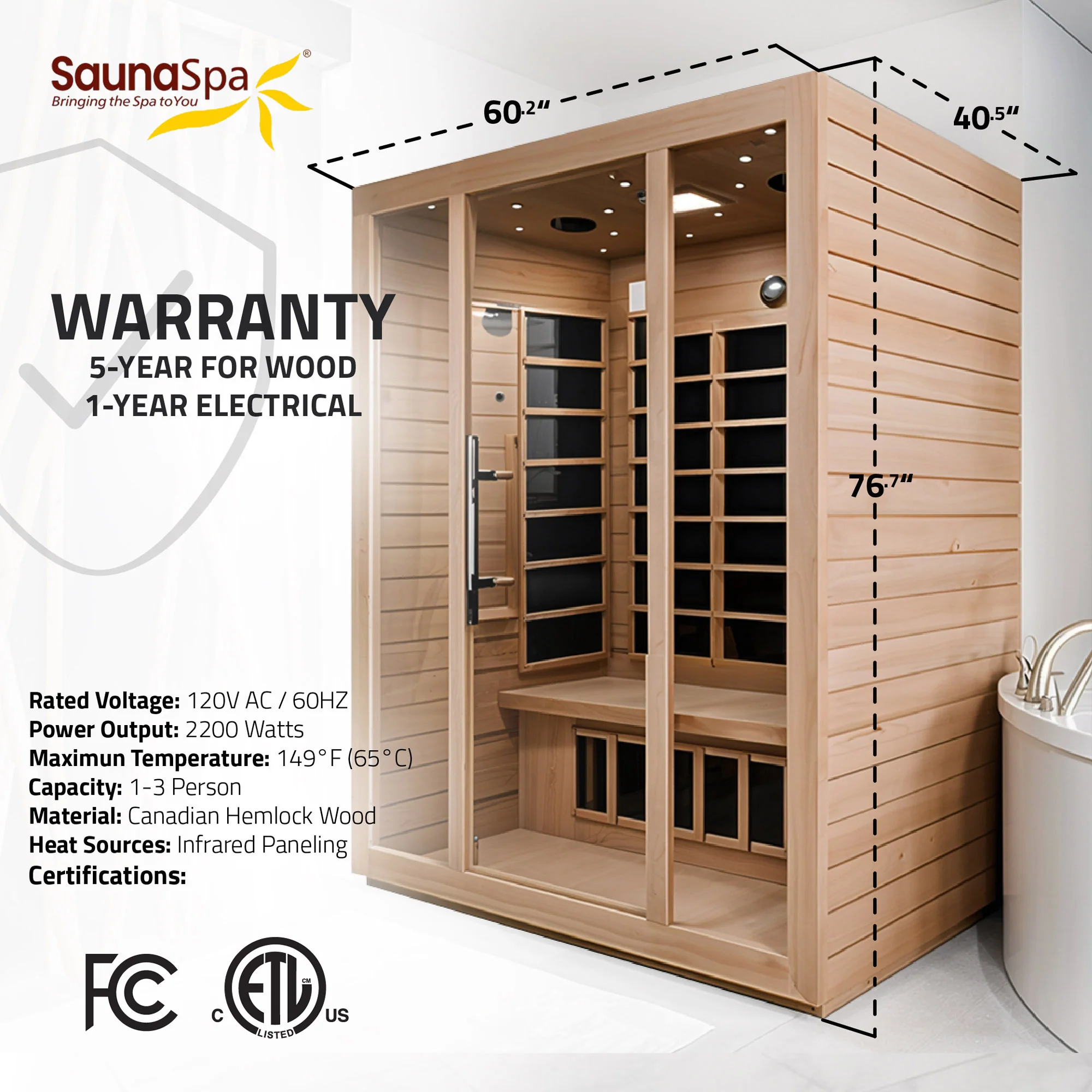 Maldives 3- Person Indoor Hemlock Wooden Carbon FAR Infrared Home Sauna Room with LED Touch Control Panel and Heater - Image 12