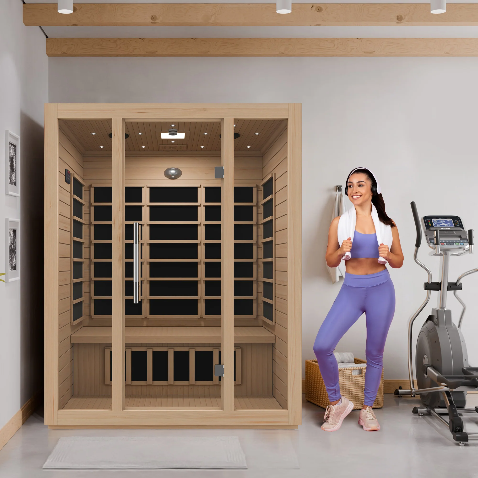 Maldives 3- Person Indoor Hemlock Wooden Carbon FAR Infrared Home Sauna Room with LED Touch Control Panel and Heater - Image 6