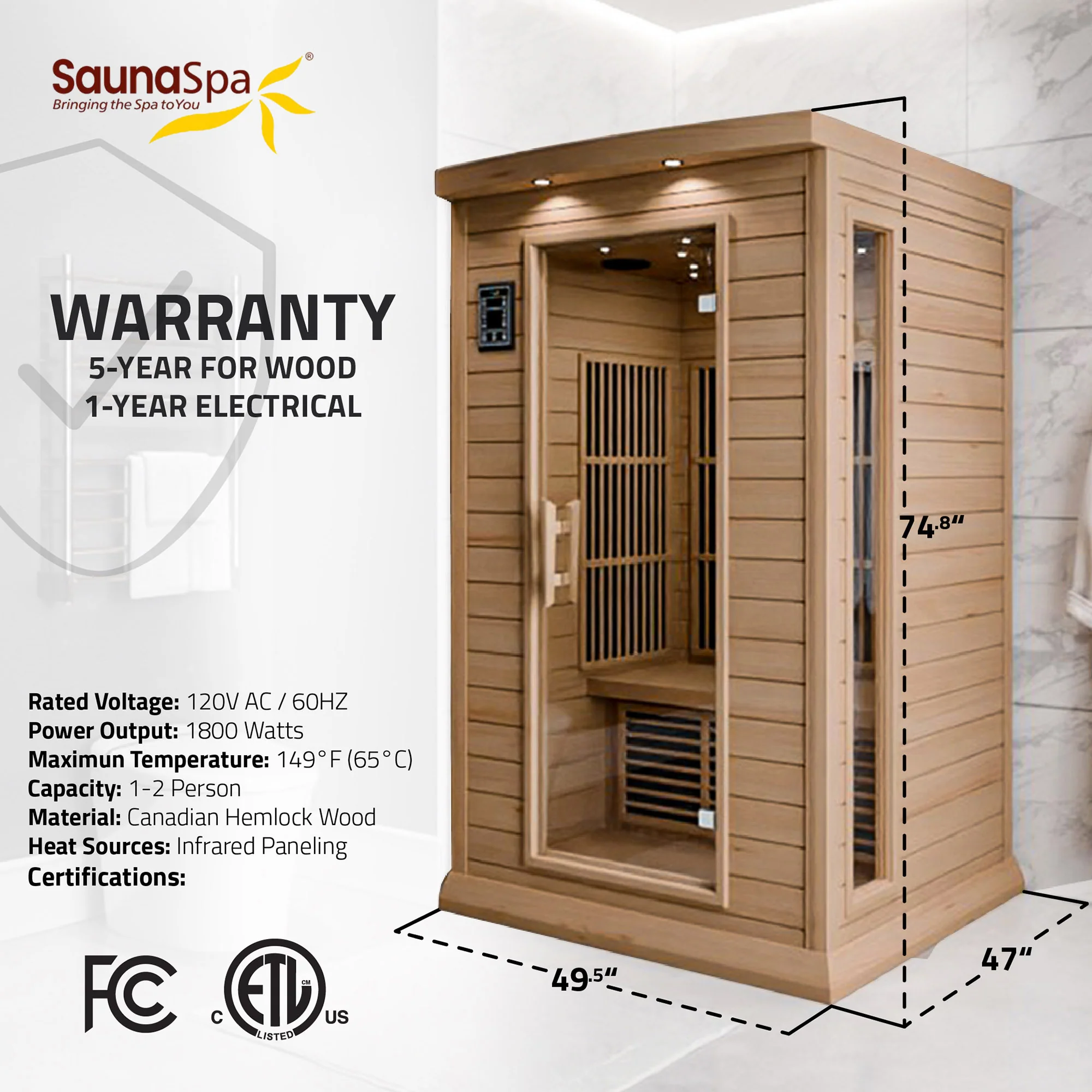 Seychelles 2-Person Carbon FAR Infrared Infrared Hemlock Wooden Indoor Home Sauna Room with LED Touch Control Panel - Image 12