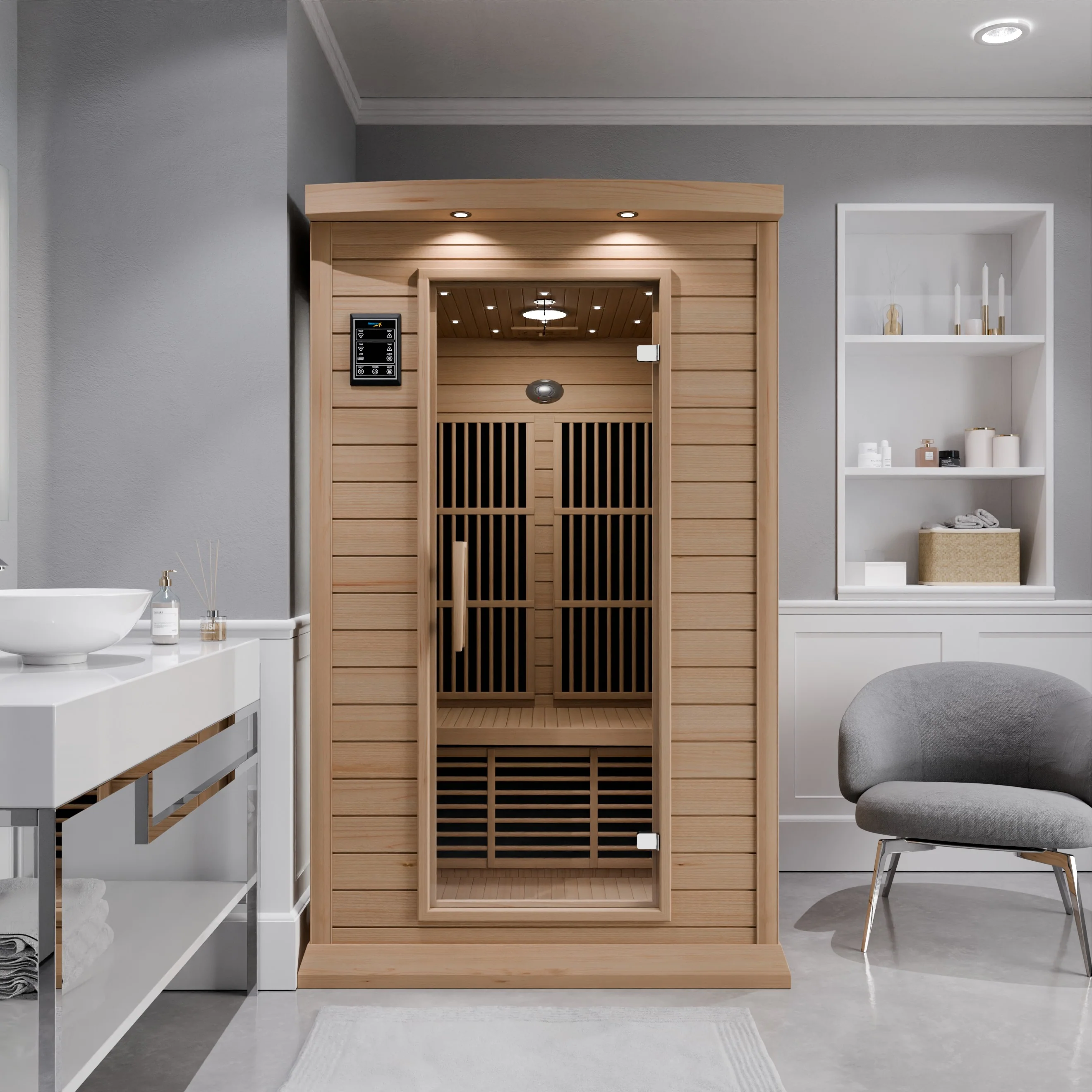 Seychelles 2-Person Carbon FAR Infrared Infrared Hemlock Wooden Indoor Home Sauna Room with LED Touch Control Panel - Image 5
