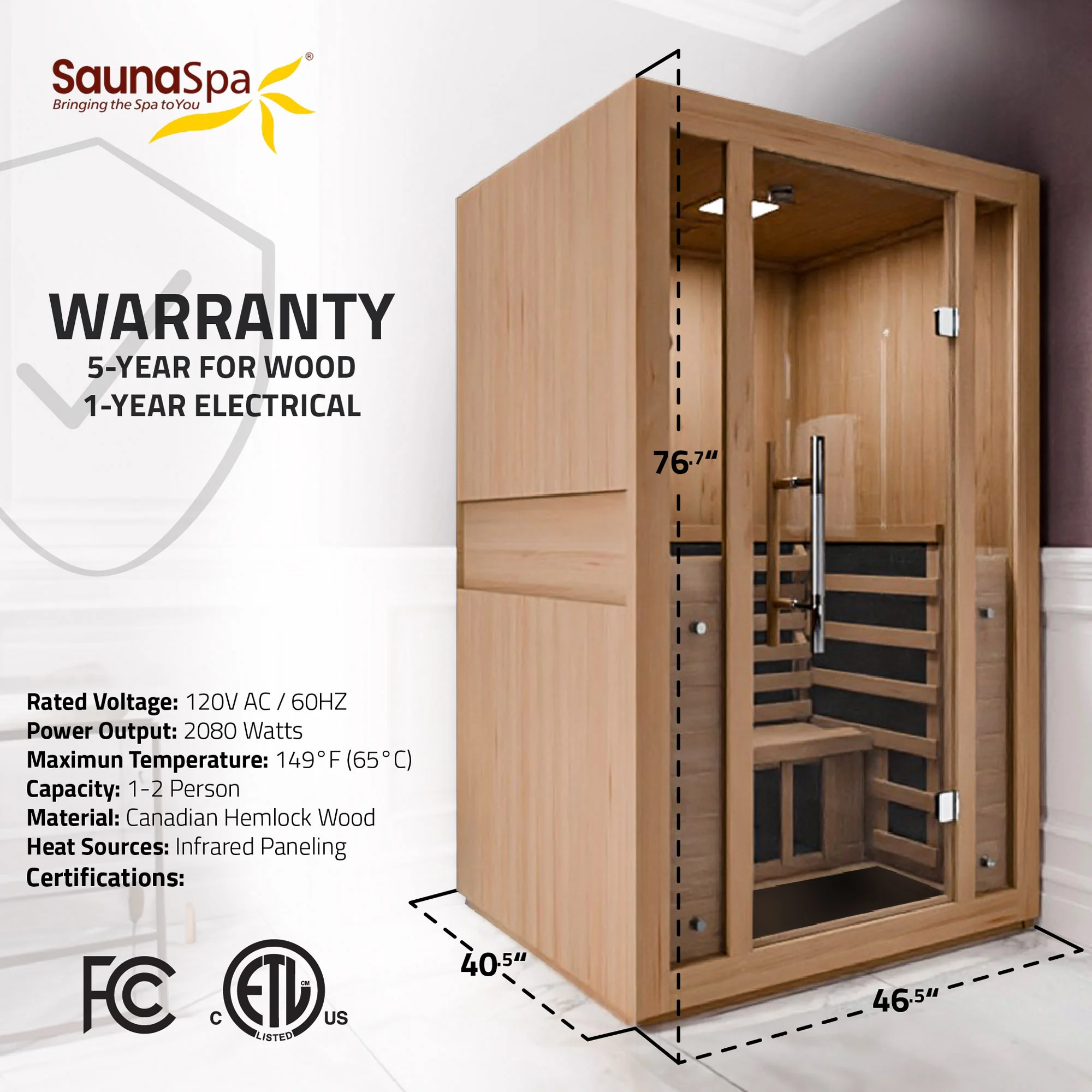 Fiji 2-Person Carbon FAR Infrared Hemlock Wooden Indoor Home Sauna Room with LED Touch Control Panel - Image 12
