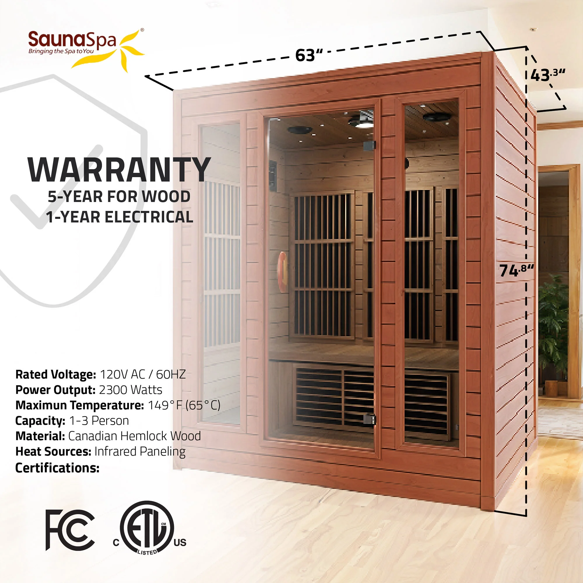 Curacao 3-Person Carbon FAR Infrared Hemlock Wooden Indoor Home Sauna Room with LED Touch Control Panel - Image 12