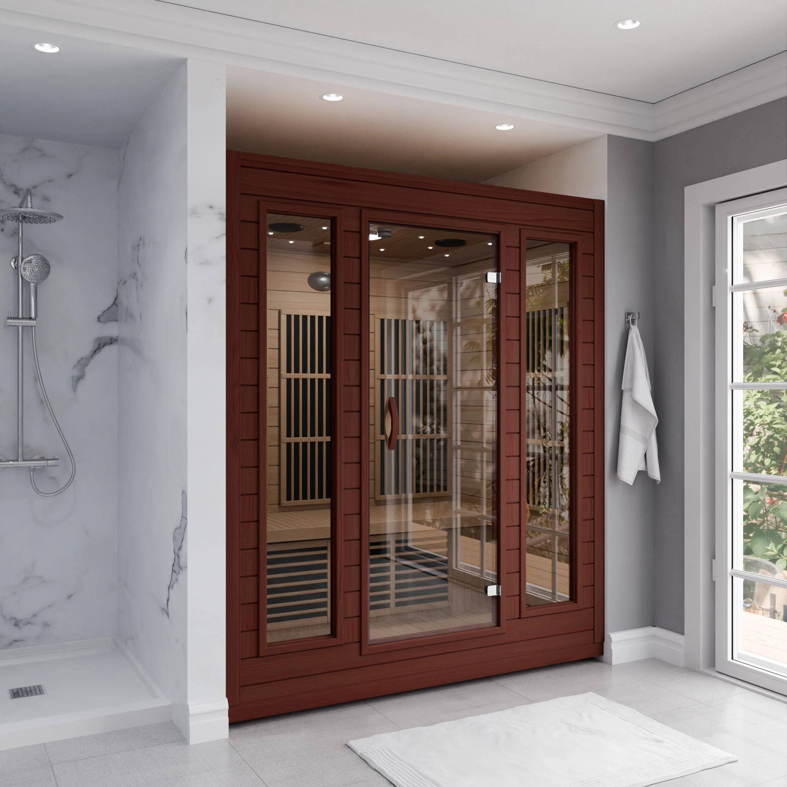 Curacao 3-Person Carbon FAR Infrared Hemlock Wooden Indoor Home Sauna Room with LED Touch Control Panel - Image 5