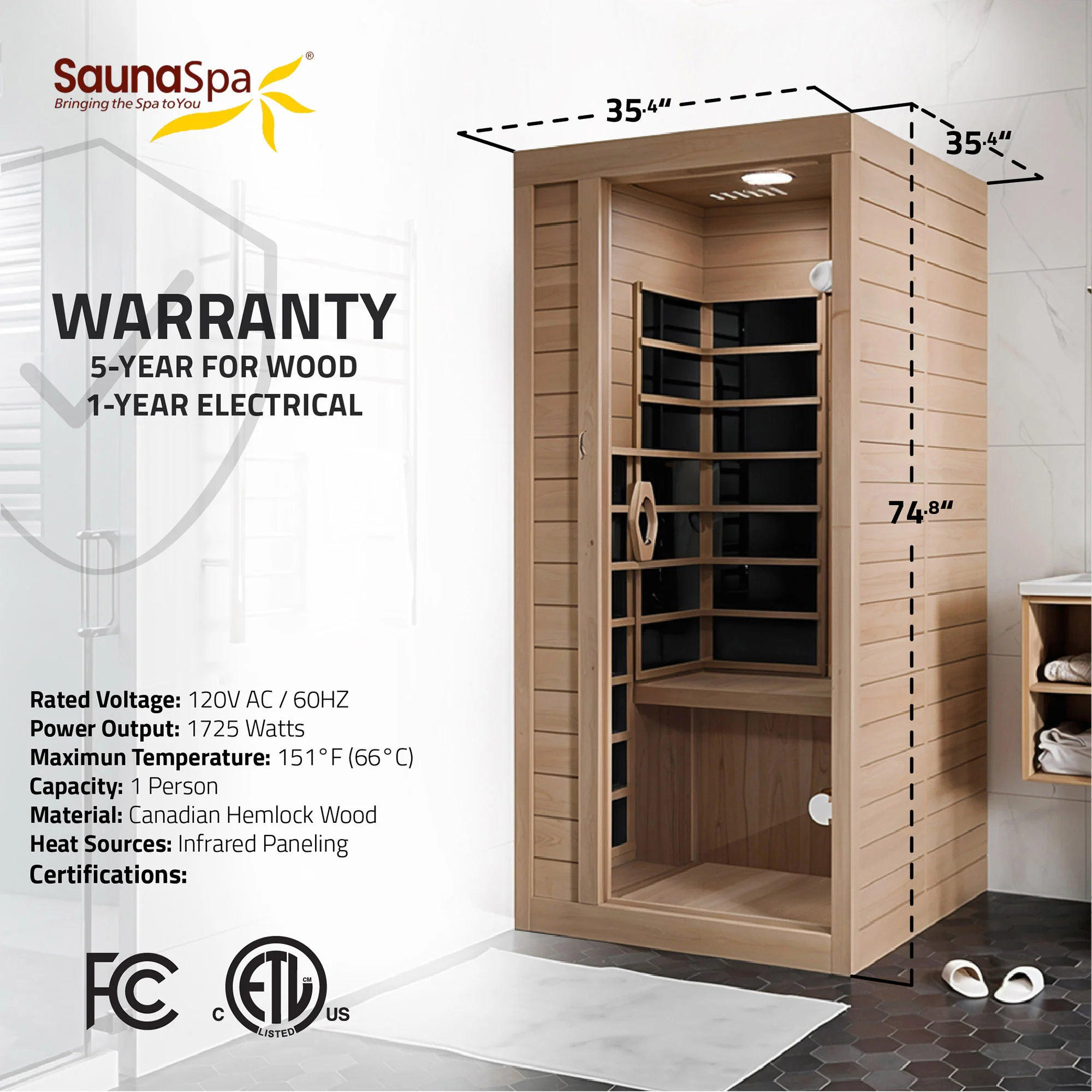 Lucia 1- Person Indoor Hemlock Wooden Carbon FAR Infrared Home Sauna Room with LED Touch Control Panel and Heater - Image 12