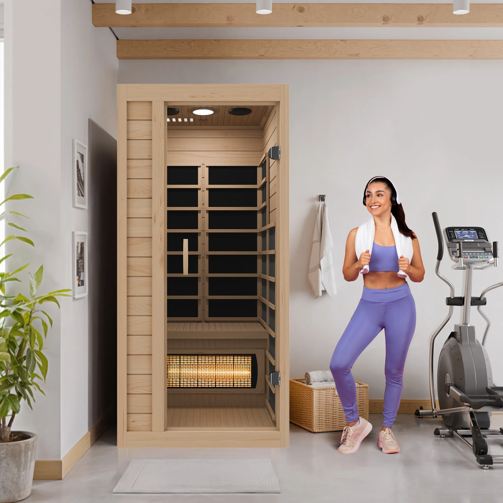 Lucia 1- Person Indoor Hemlock Wooden Carbon FAR Infrared Home Sauna Room with LED Touch Control Panel and Heater - Image 6