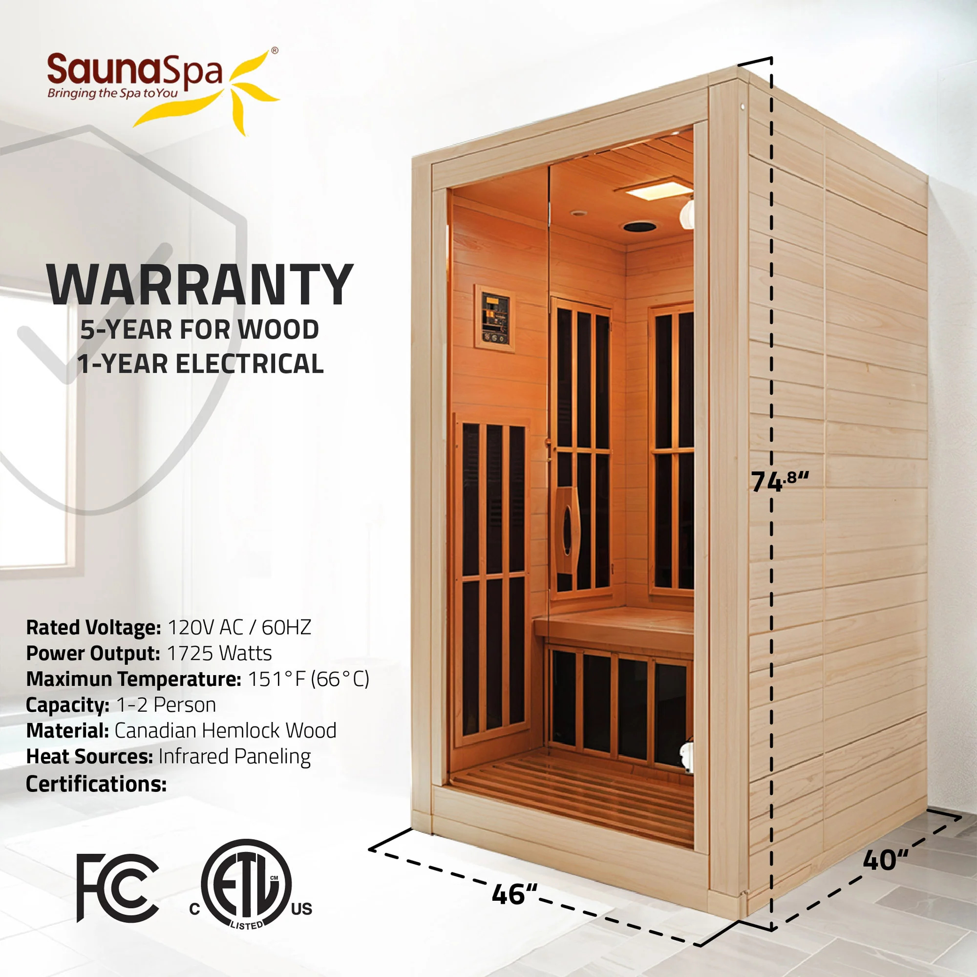 Viti 2- Person Indoor Hemlock Wooden Carbon FAR Infrared Home Sauna Room with LED Touch Control Panel and Heater - Image 12