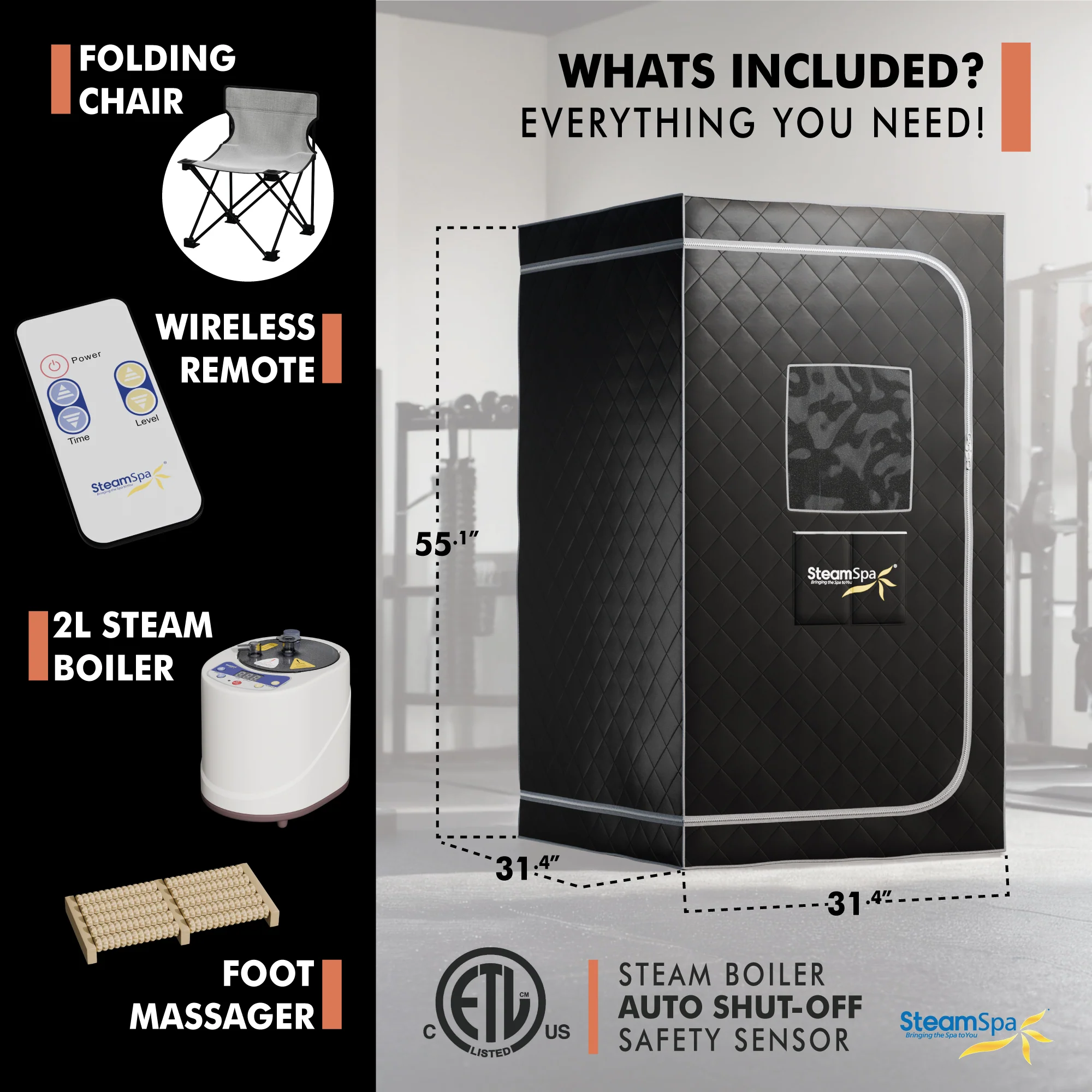 1-Person Indoor PP Plastic 900 Watt Portable Steam Home Sauna with Digital Controller and Foldable Chair, Black - Image 3