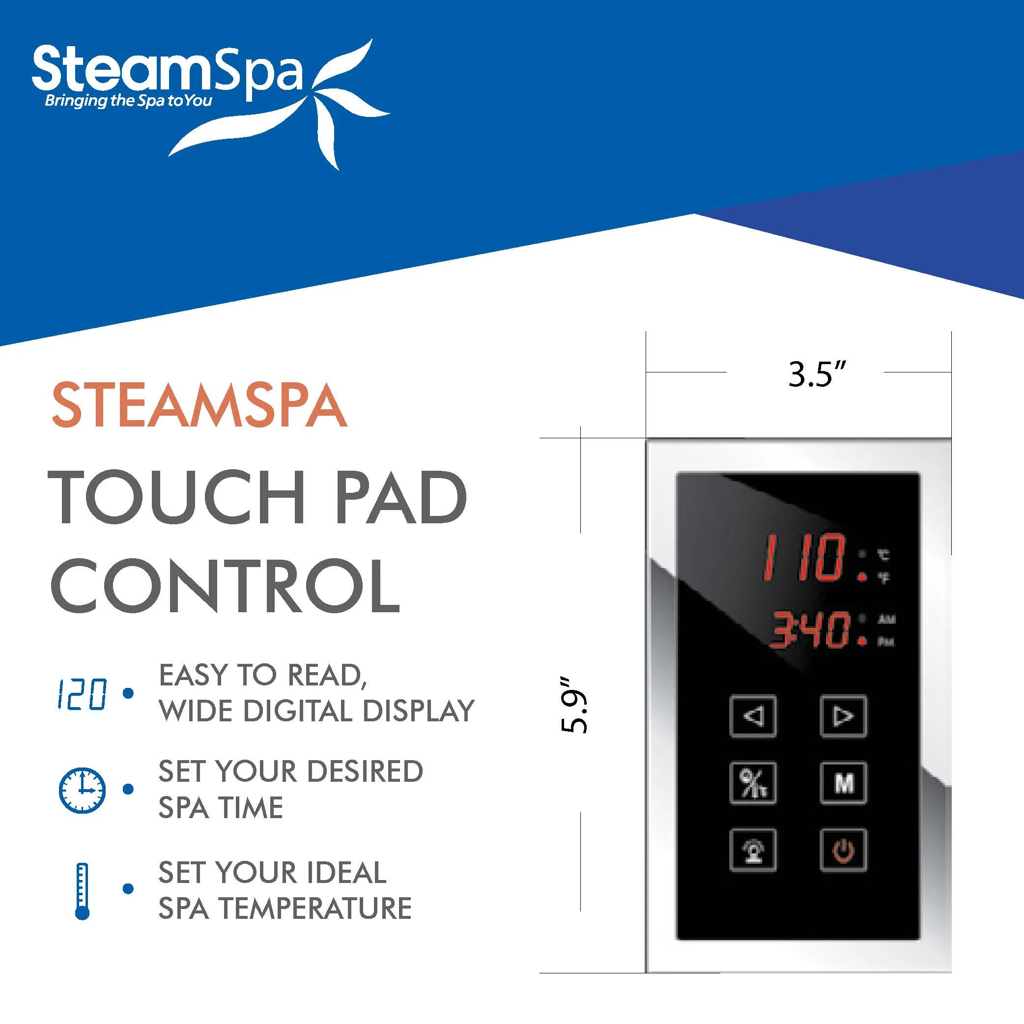 Steam Bath Generator Dual Unit Easy Touch Control Panel with Temp Sensor Digital Display and Memory in Polished Chrome - Image 5